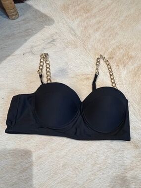Black Shein Cupped Bathing Suit Top Gold Chain Accent as Straps Sz L